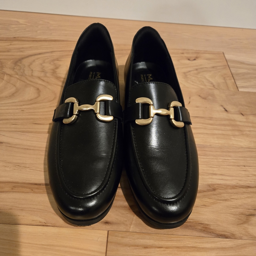 Marc Joseph Black Leather Loafers with Gold Accent Womens Size 9.5